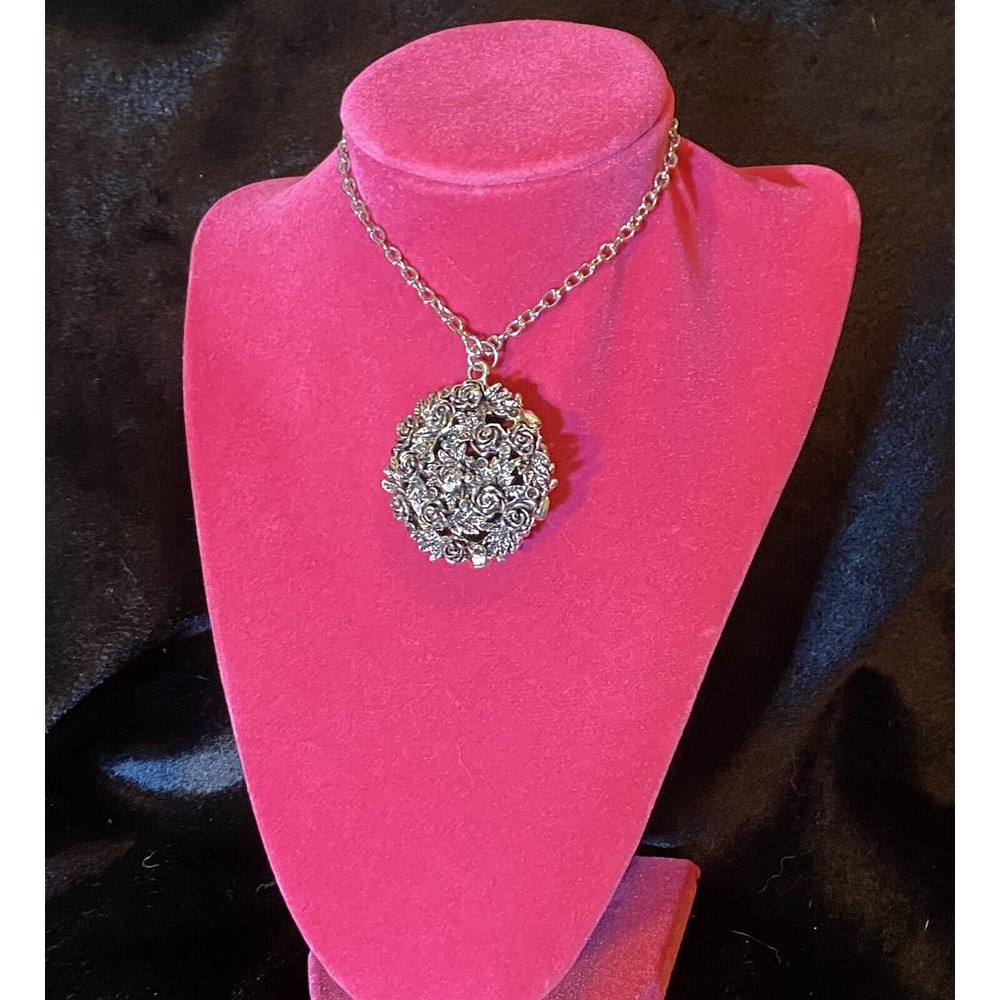 Modern Metal Necklace Pendant Tinted Roses and Rhinestones Hollow Inside